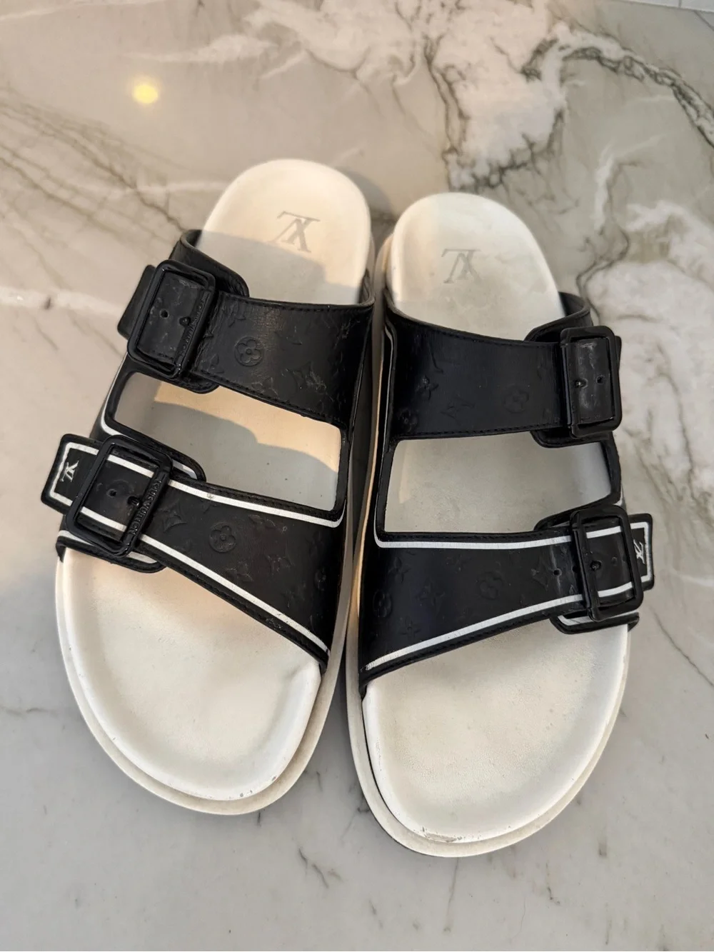 Louis Vuitton Black and White Kids Double-Buckle Slide Sandals